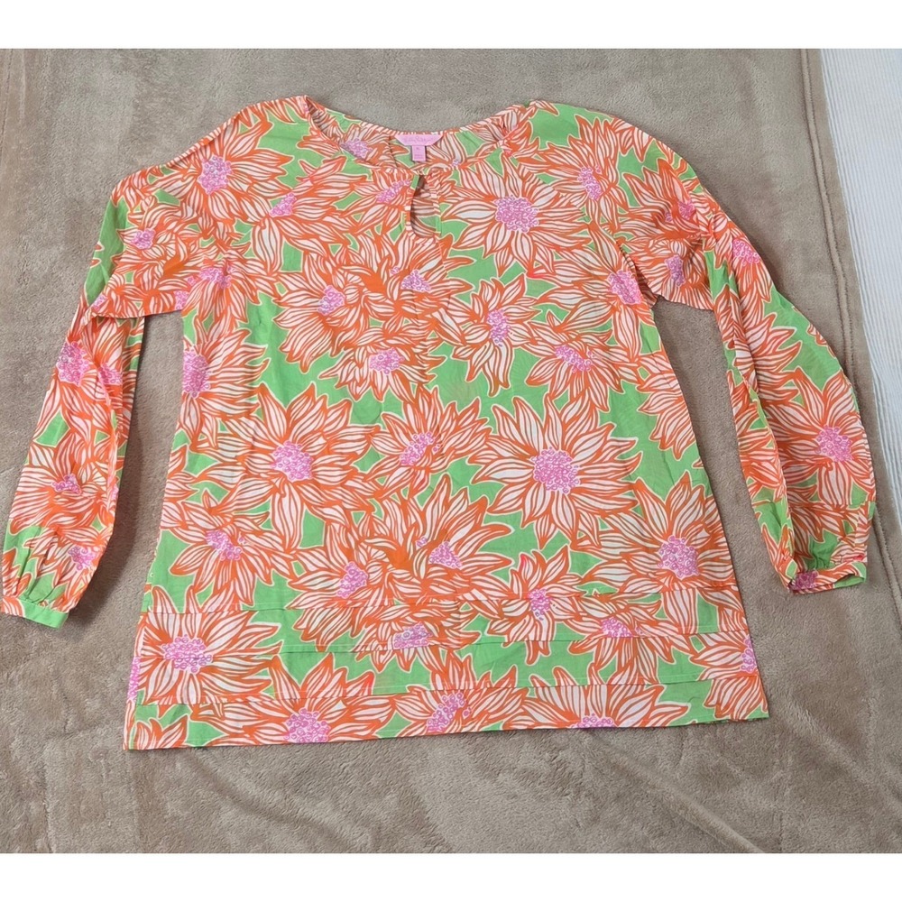 Lilly Pulitzer Blouse Women's Size XL Multicolor Tropical Floral Tunic L/S‎ EUC